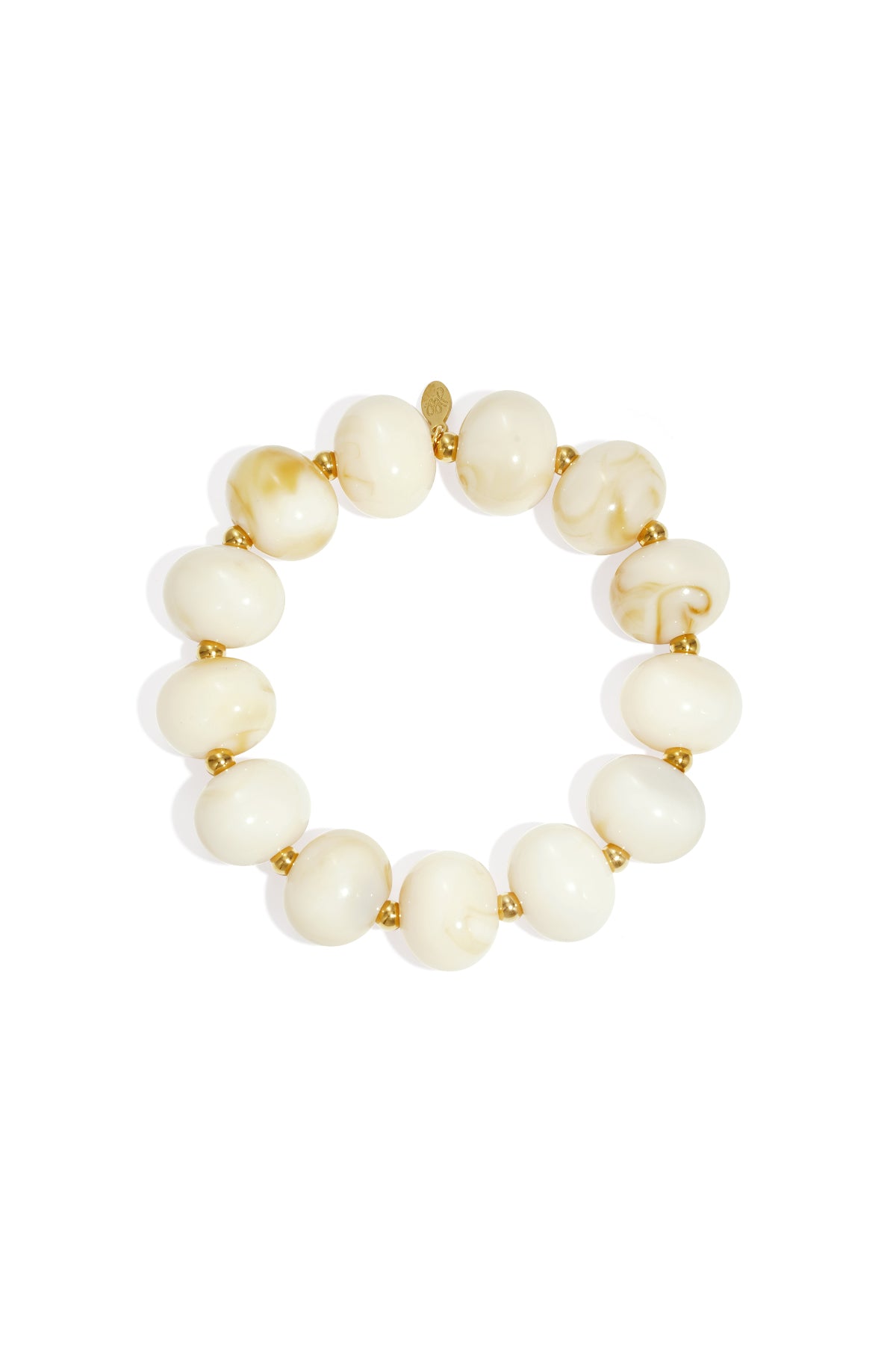 Cream marbled beaded stretch bracelet with gold spacer beads on white background