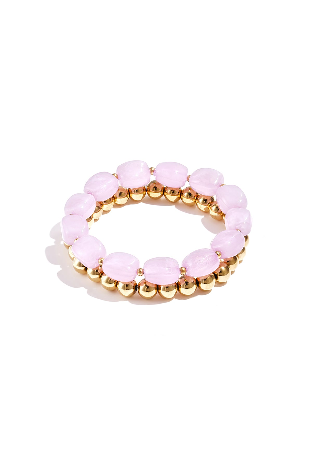 Light pink marbled acrylic beaded bracelet paired with shiny gold-tone beaded bracelet on white background