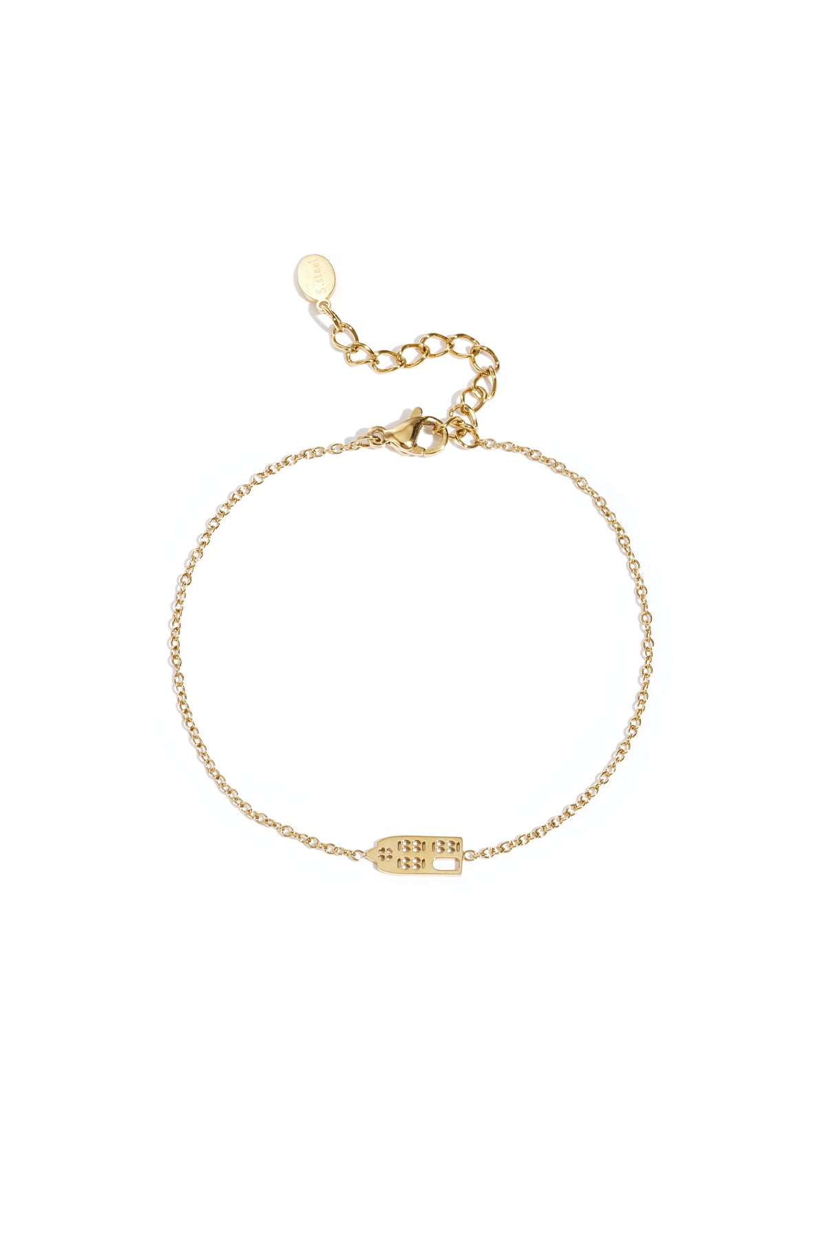 Gold domino charm bracelet with delicate fine chain and adjustable clasp on white background