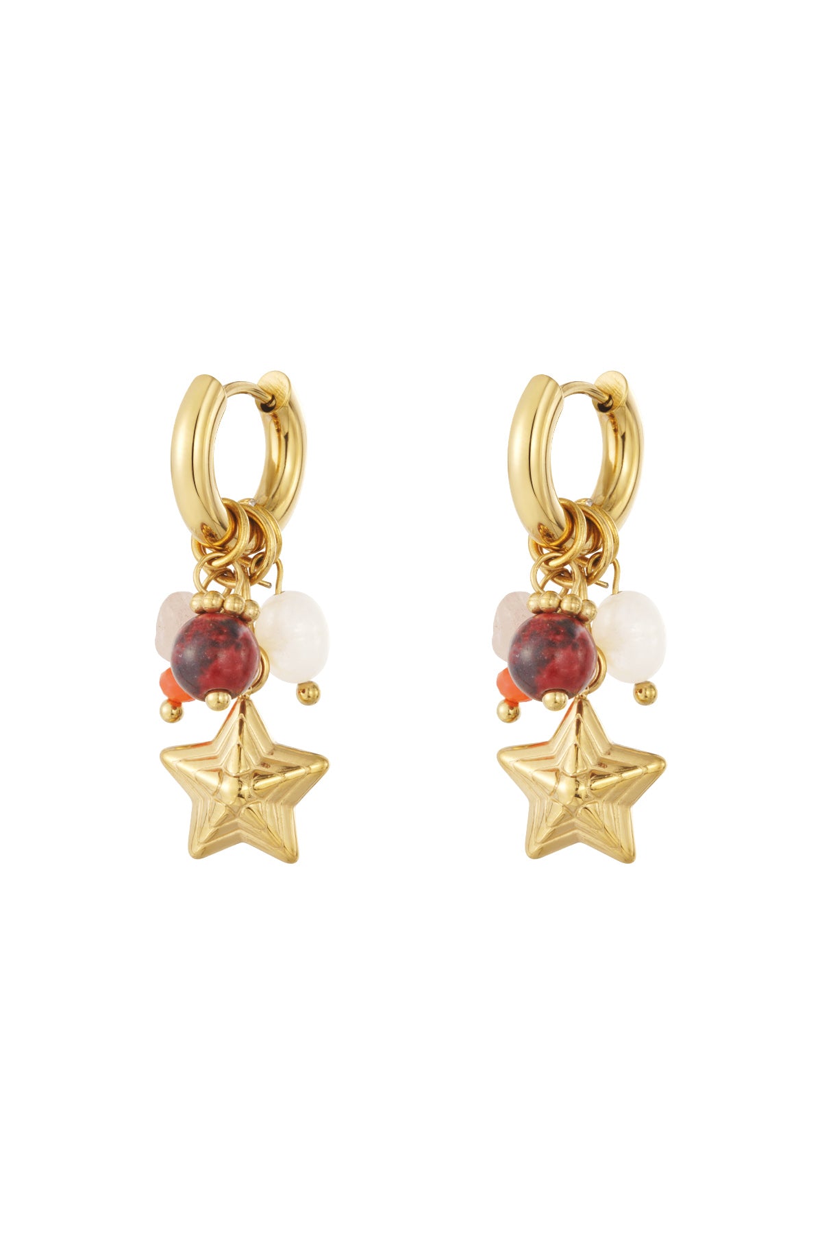 Pair of gold hoop earrings each with a dangling star charm and colorful gemstone beads