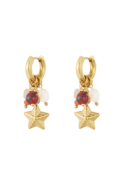 Pair of gold hoop earrings each with a dangling star charm and colorful gemstone beads