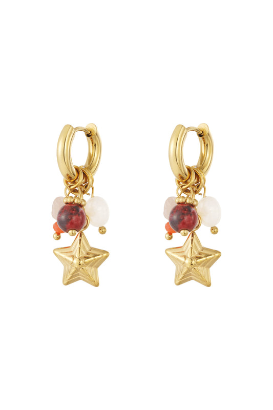 Pair of gold hoop earrings each with a dangling star charm and colorful gemstone beads