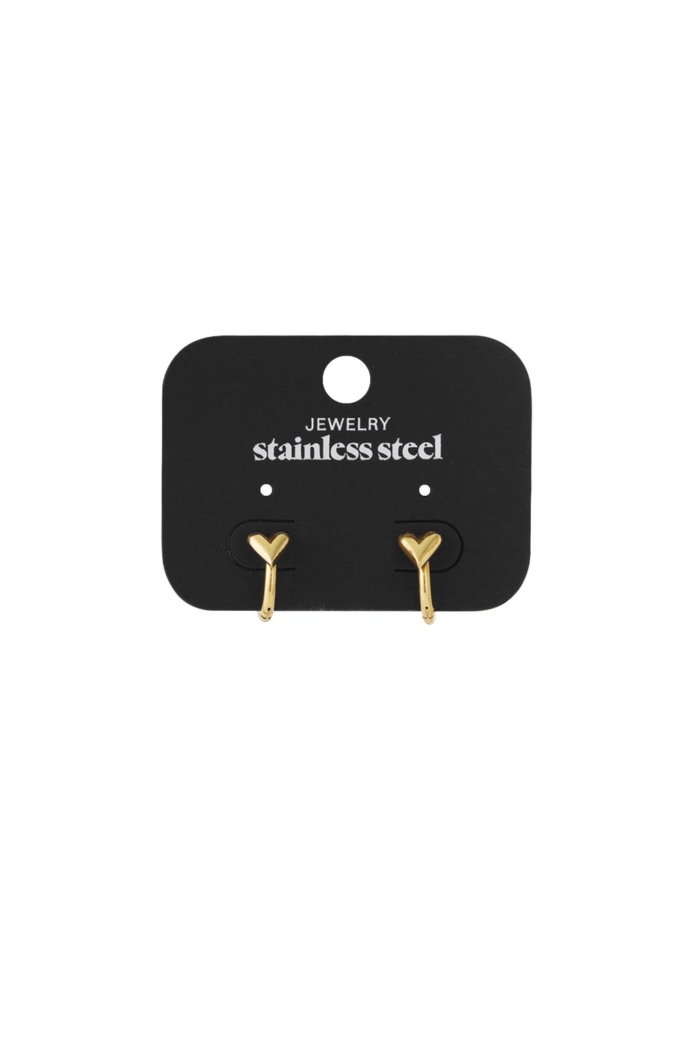 Gold-tone stainless steel heart-shaped hoop earrings on a black display card.