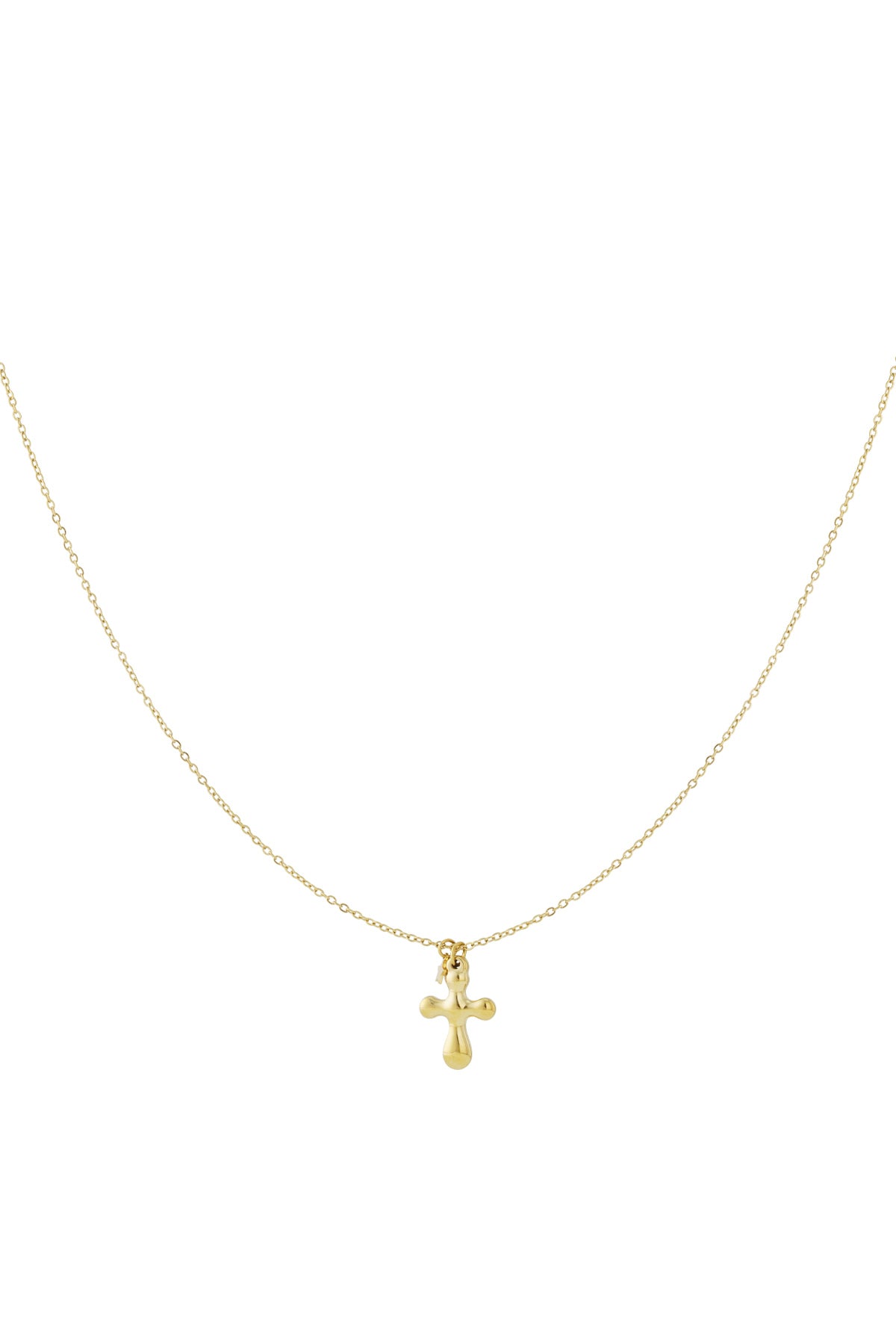 Minimal gold cross pendant necklace with thin chain on white background