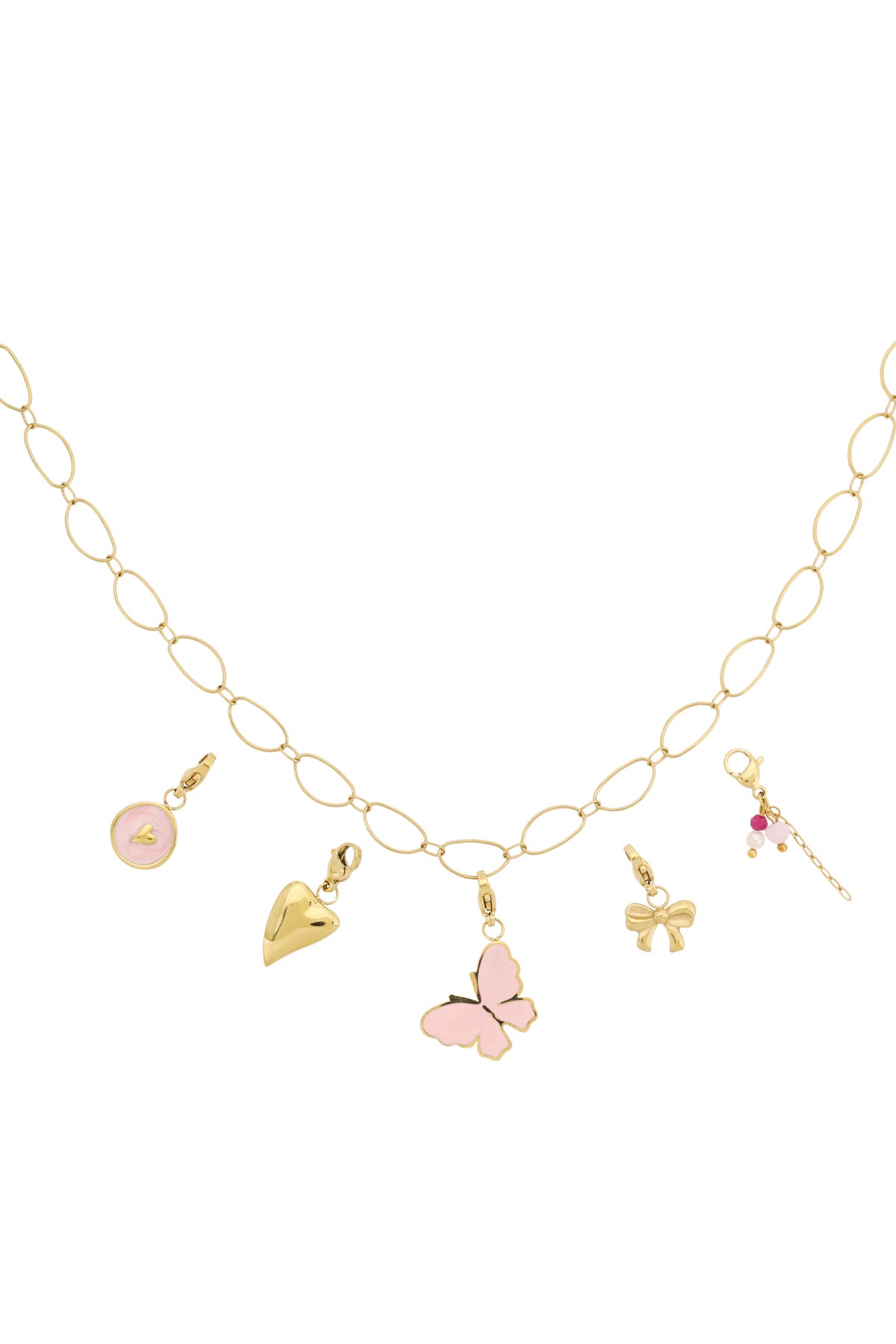 Gold link necklace with pink butterfly, heart, bow, and bead charms on white background