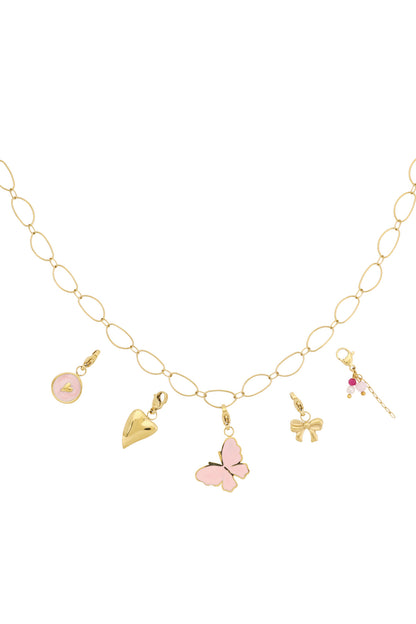 Gold link necklace with pink butterfly, heart, bow, and bead charms on white background
