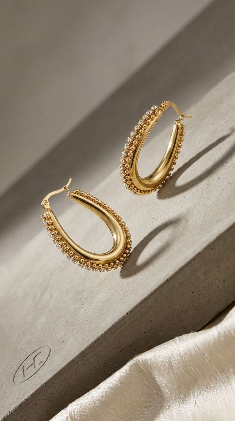Gold Drip Drop Glow hoop earrings featuring a beaded edge and a row of embedded crystals on a concrete surface.