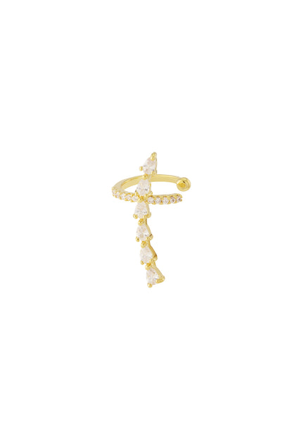 Gold tone ear cuff with cascading pear-shaped cubic zirconia stones on a white background
