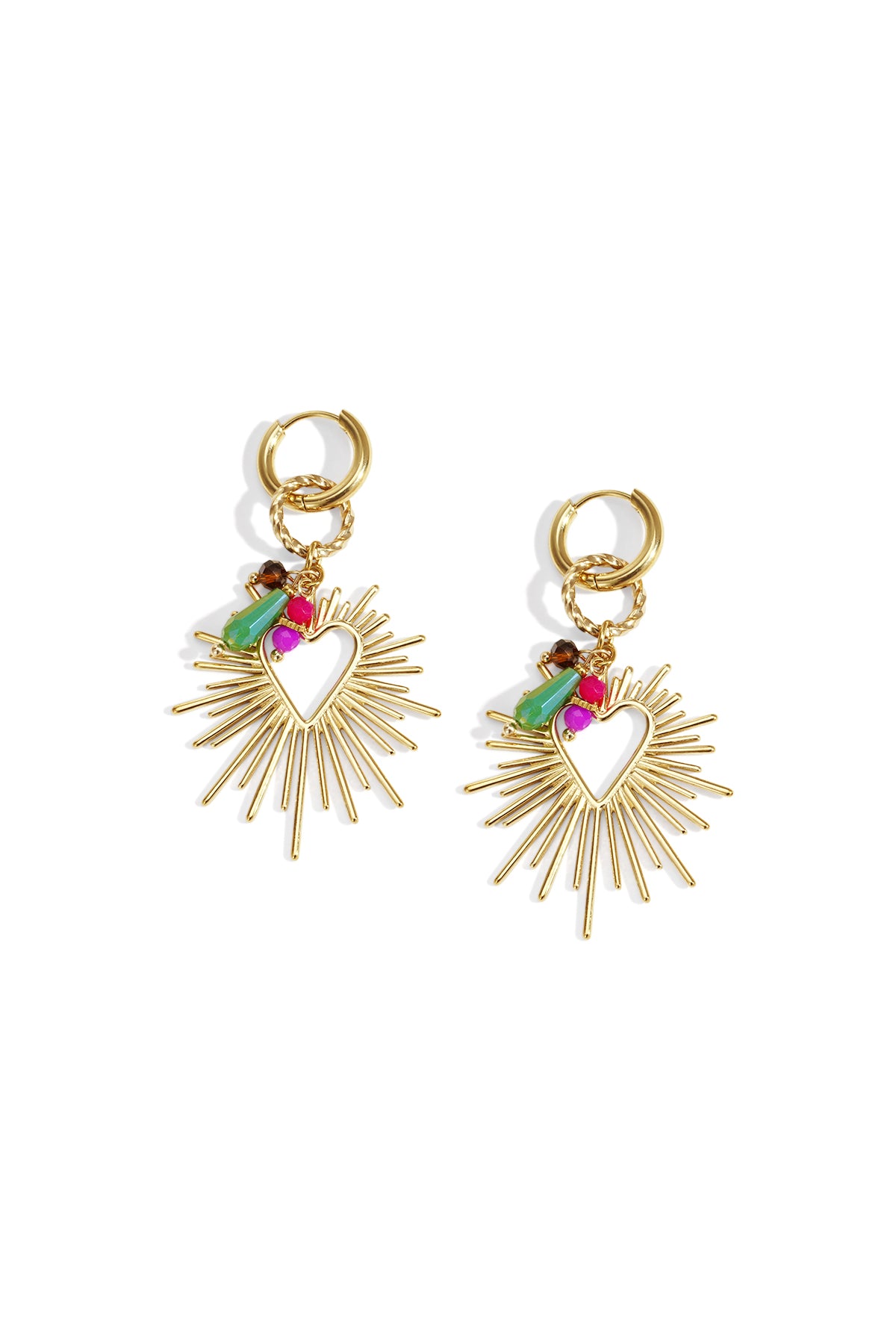 Pair of gold-tone heart-shaped drop earrings with sunburst design and colorful beads on white background