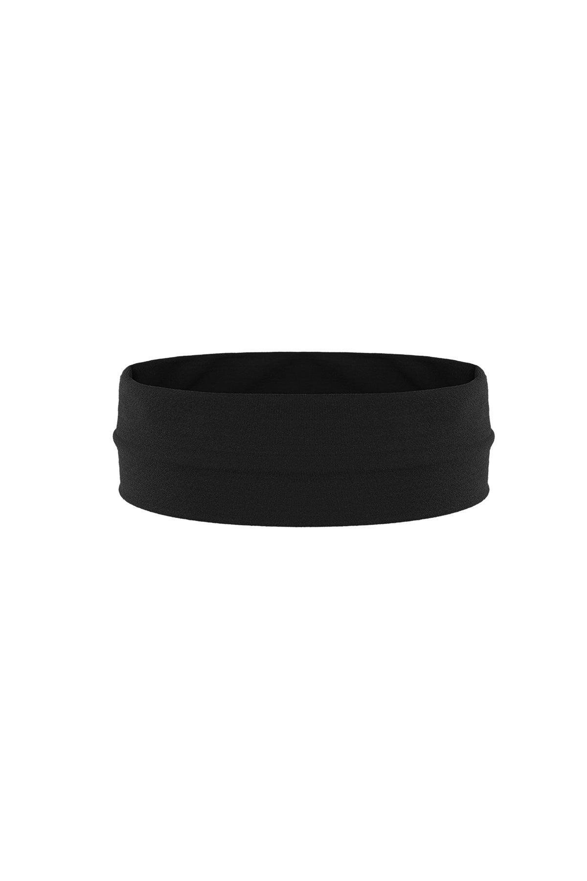 Black stretch fabric headband shown flat on white background