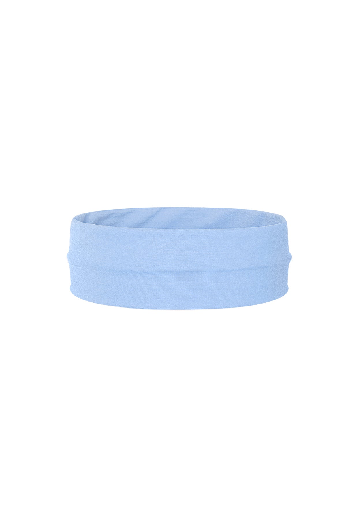 Light blue soft stretchable headband displayed flat