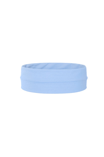 Light blue soft stretchable headband displayed flat
