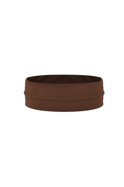Brown soft nylon headband displayed flat on white background
