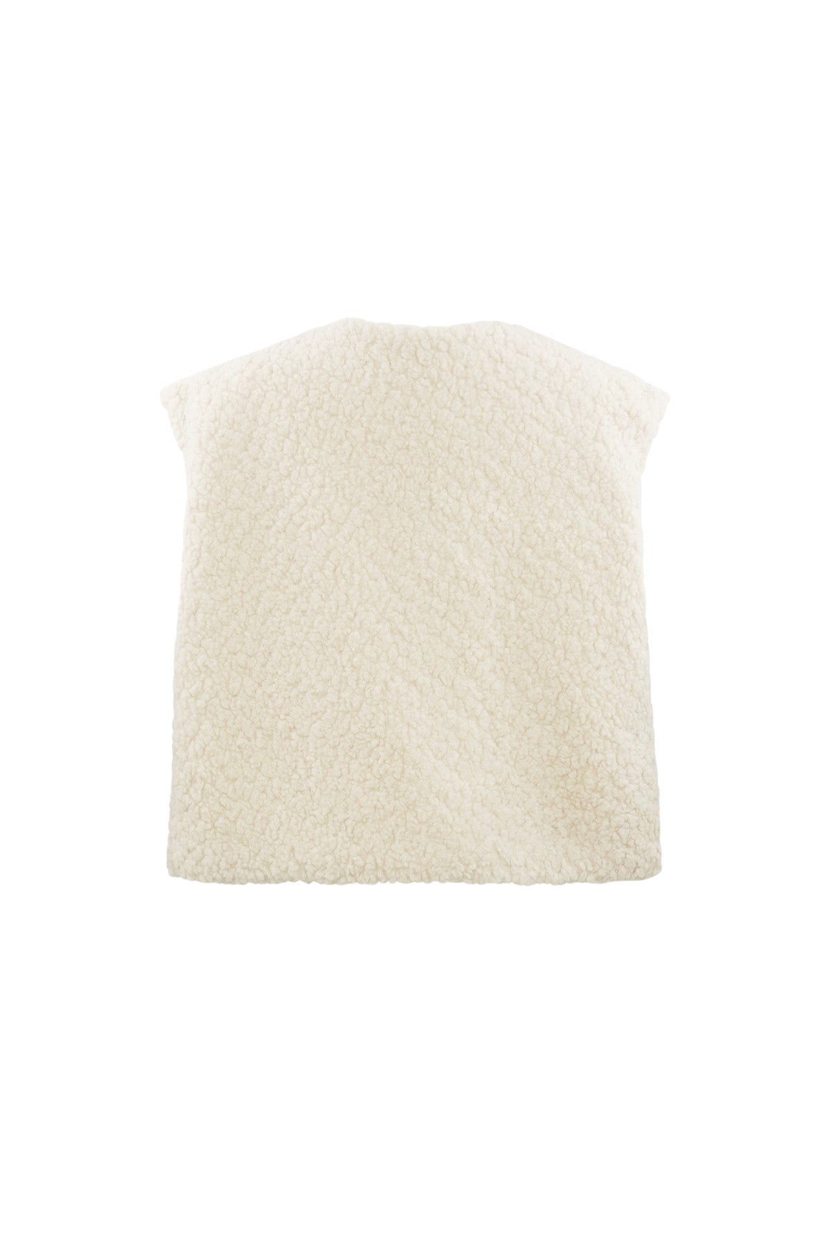 Front view of camel sherpa vest on white background highlighting smooth woven inner lining and plush exterior