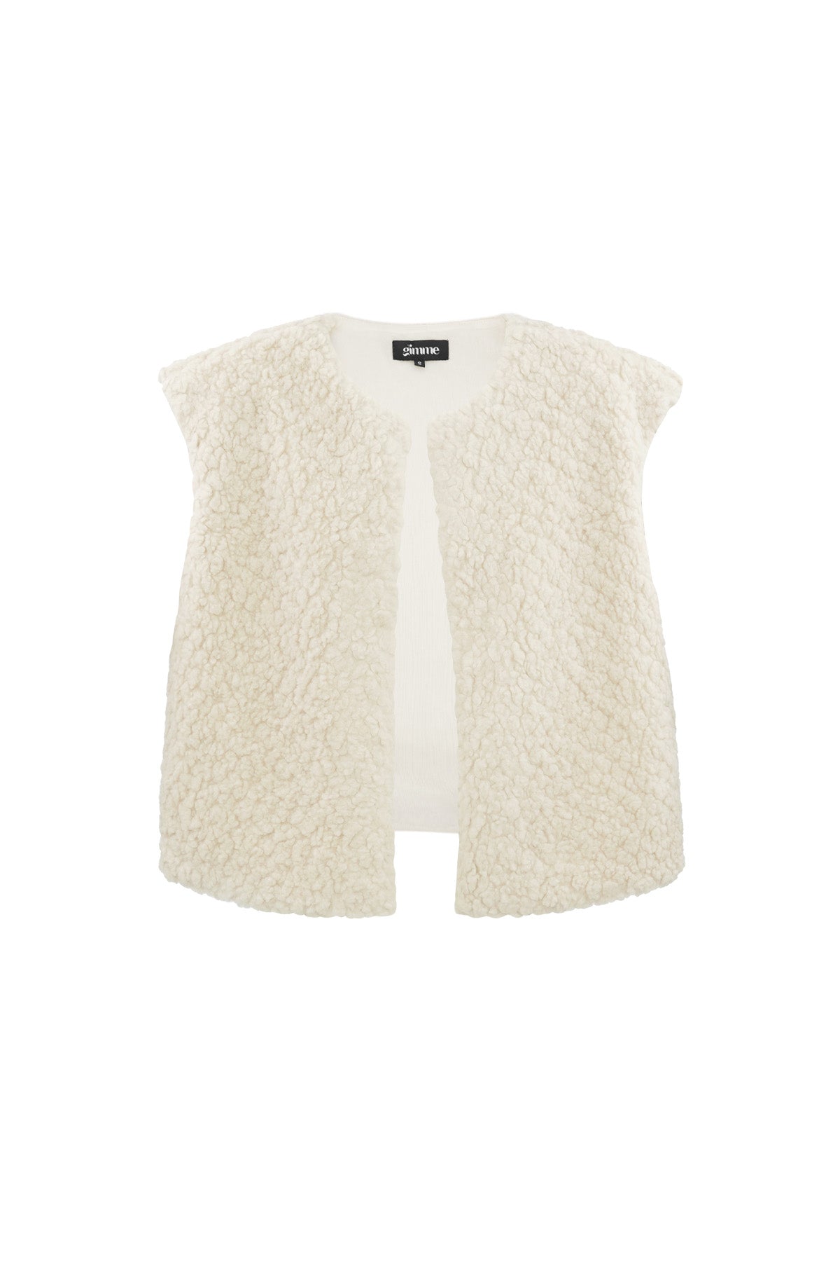Off-white sherpa vest close-up on white background showing soft plush texture