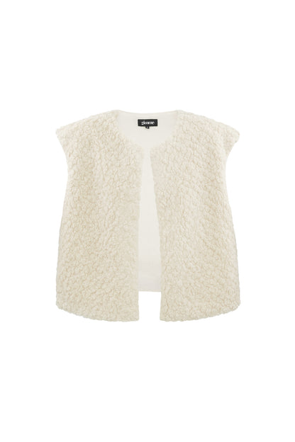 Off-white sherpa vest close-up on white background showing soft plush texture