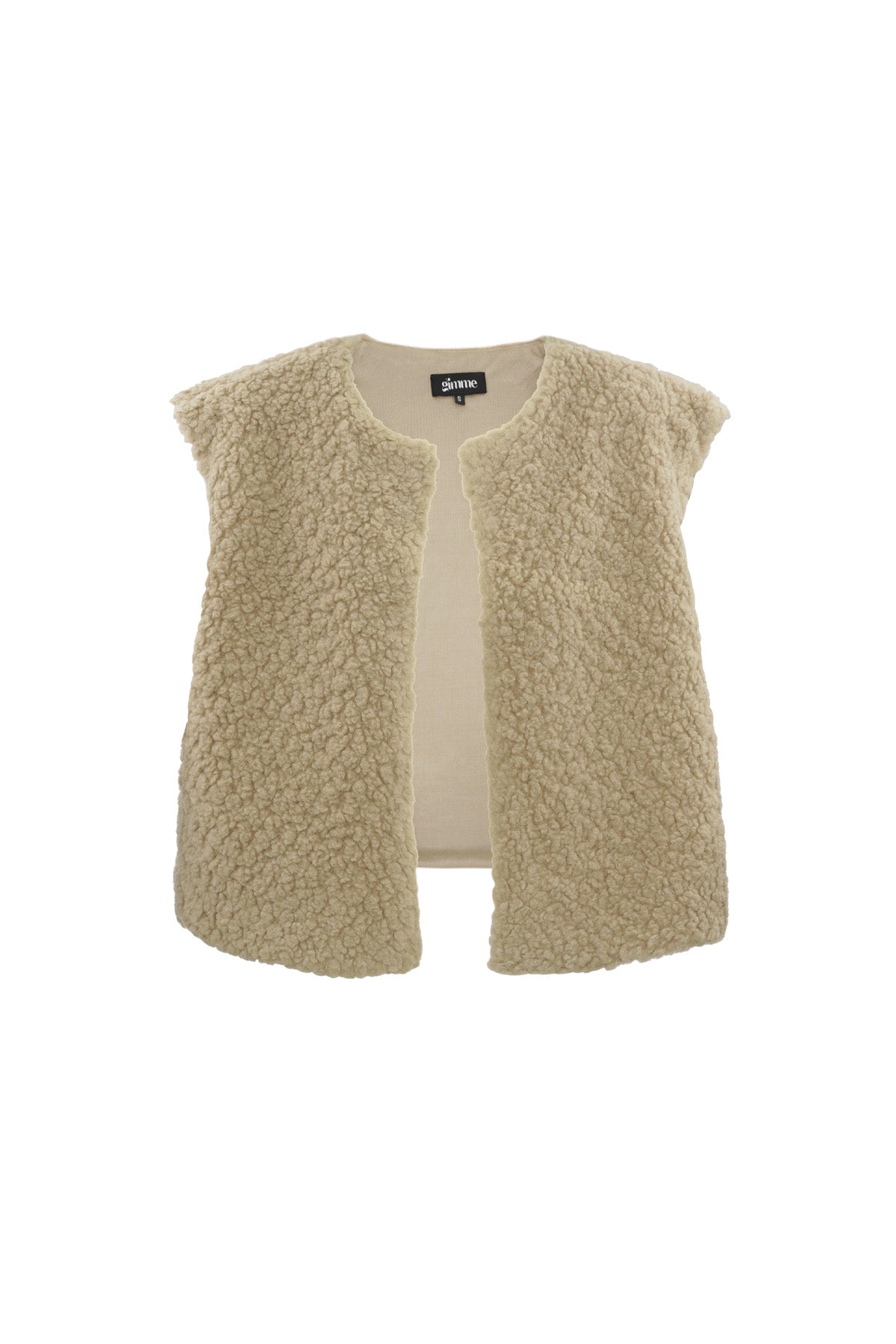 Alternative angle of off-white sherpa vest on white background emphasizing soft fuzzy material
