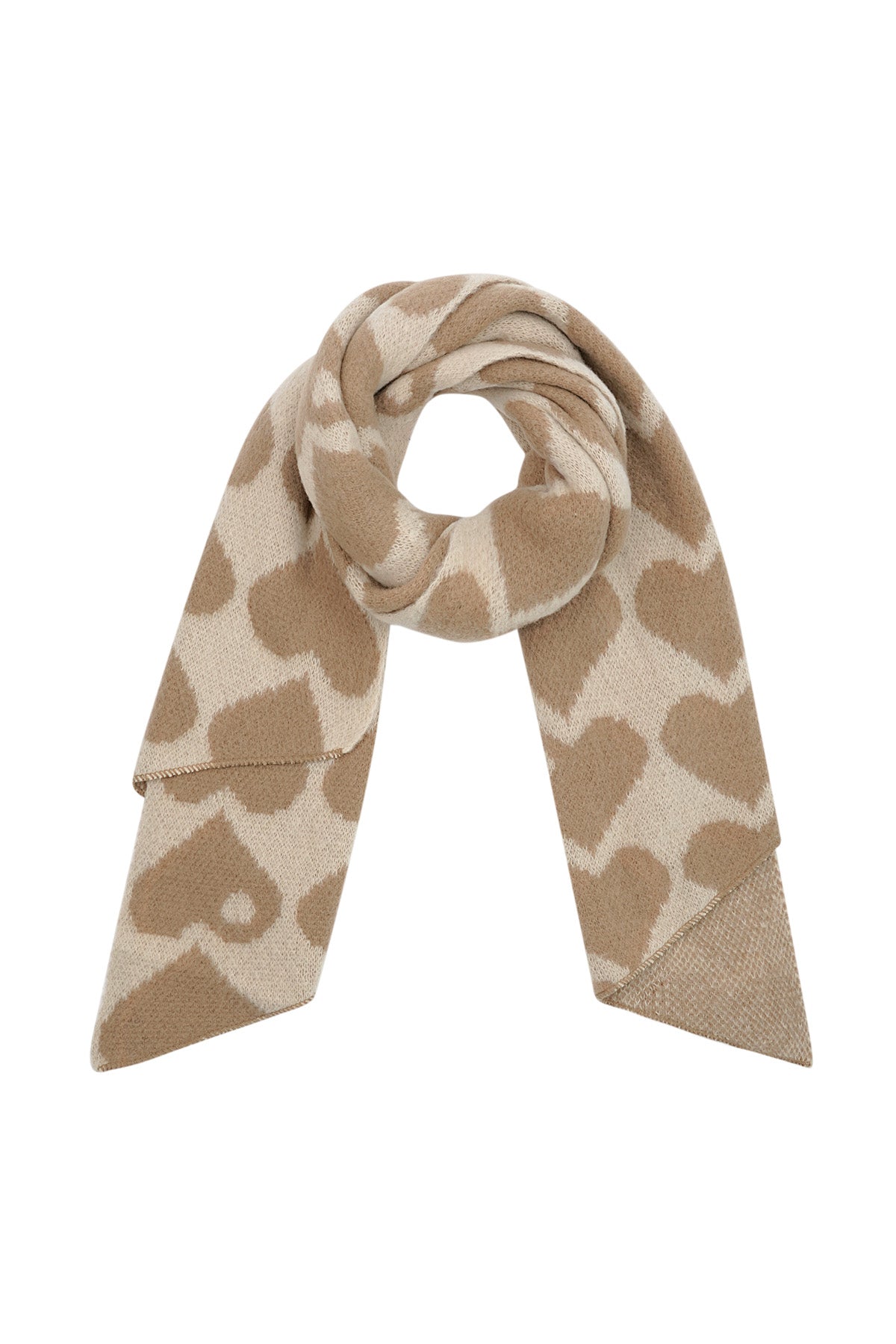 Beige and cream chunky knit scarf with oversized heart pattern wrapped in a loop