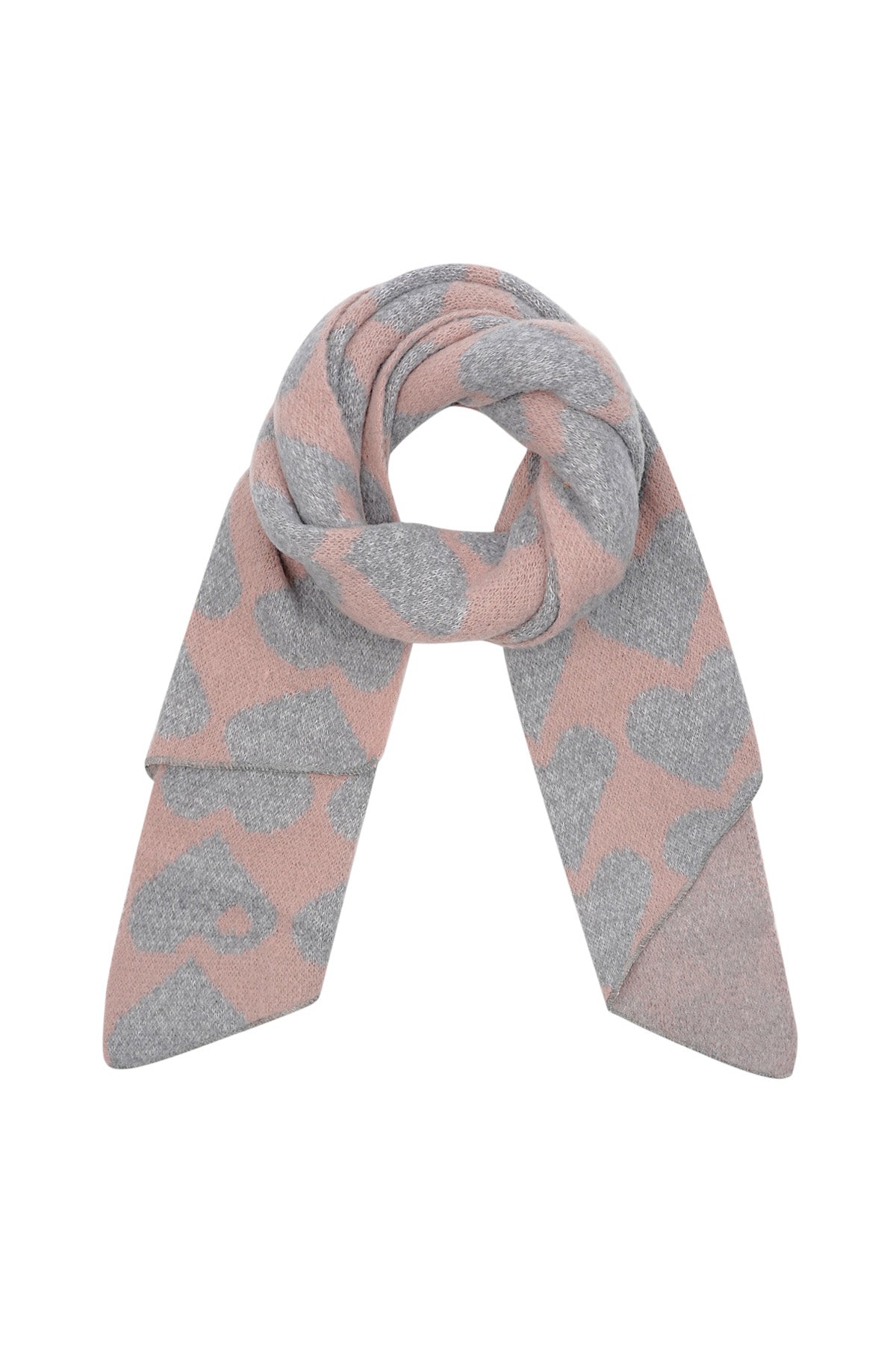 Pink and gray chunky knit scarf with heart pattern folded in a circular fashion