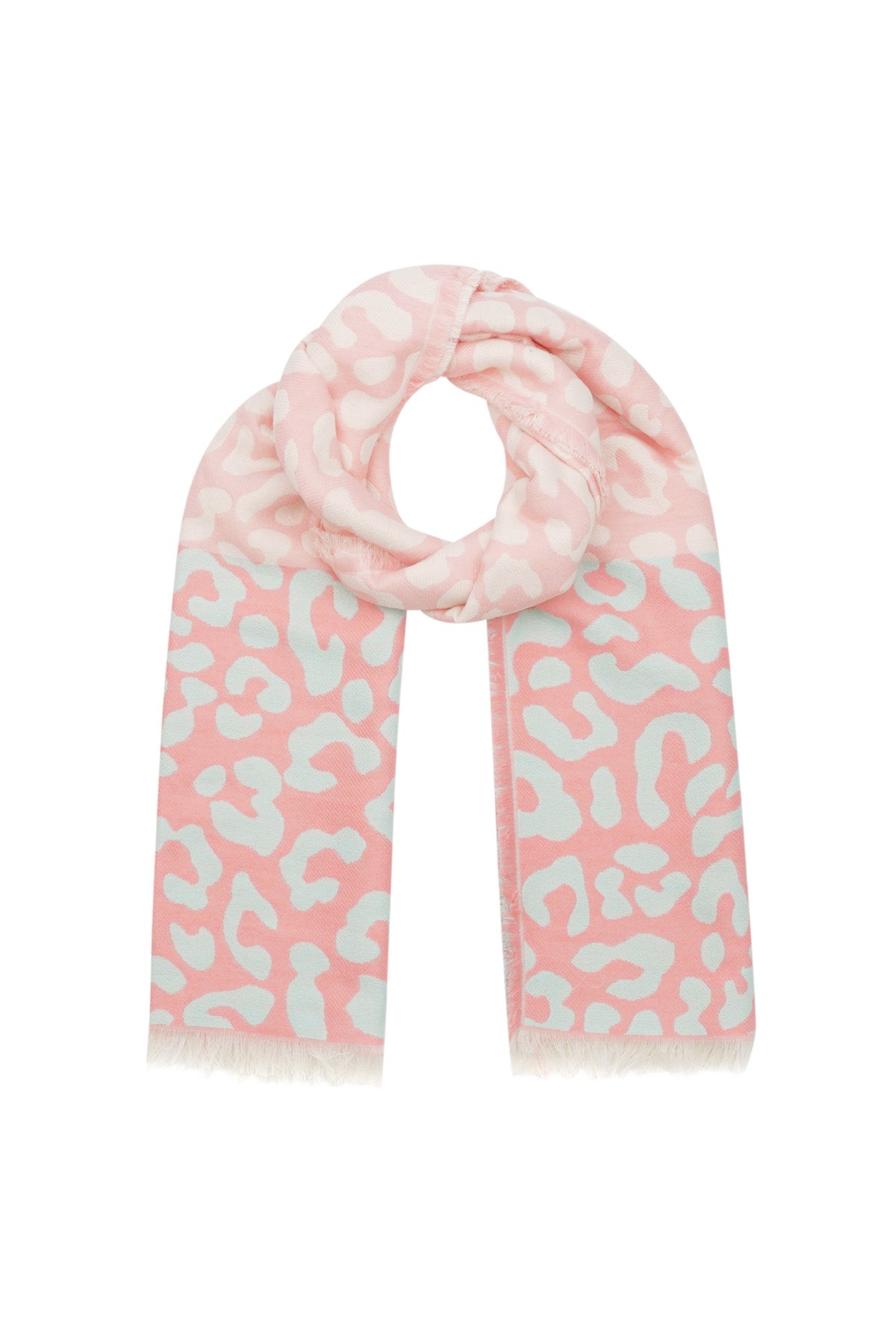 Pink and mint animal print scarf looped with fringed edges on a white background