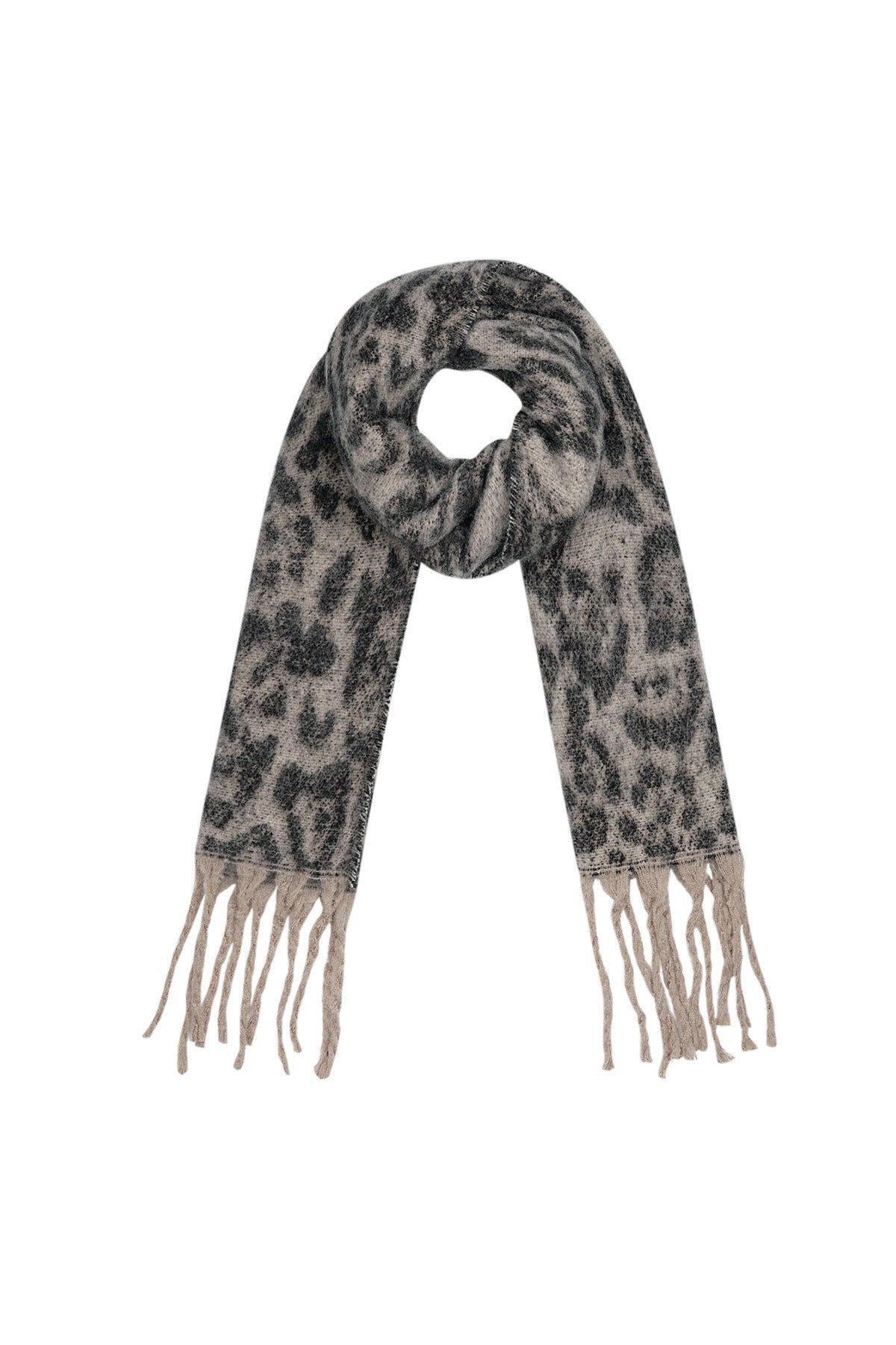 Beige and gray leopard print scarf with fringes, laid flat in a loop