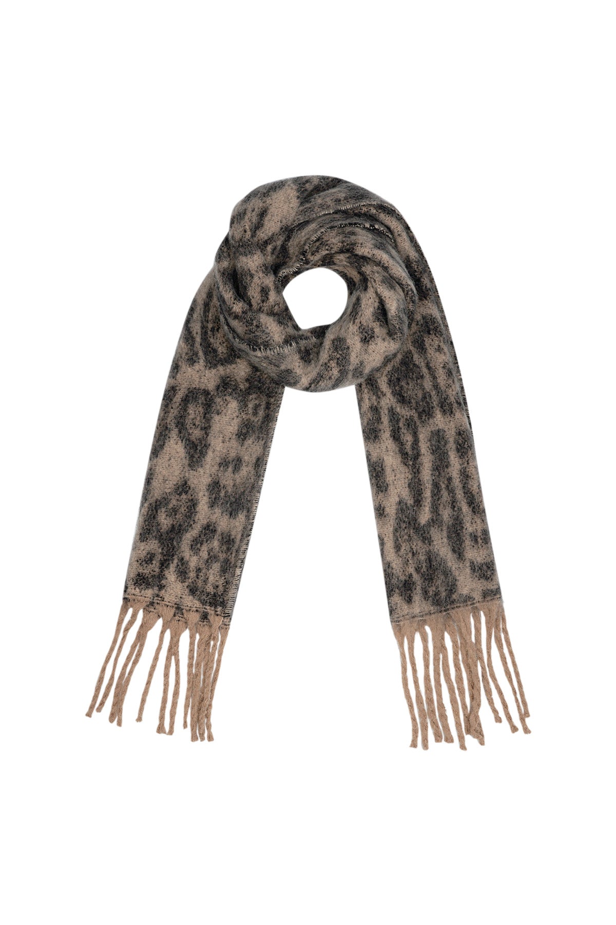 Brown and black leopard print scarf with fringe detail laid flat in a loop
