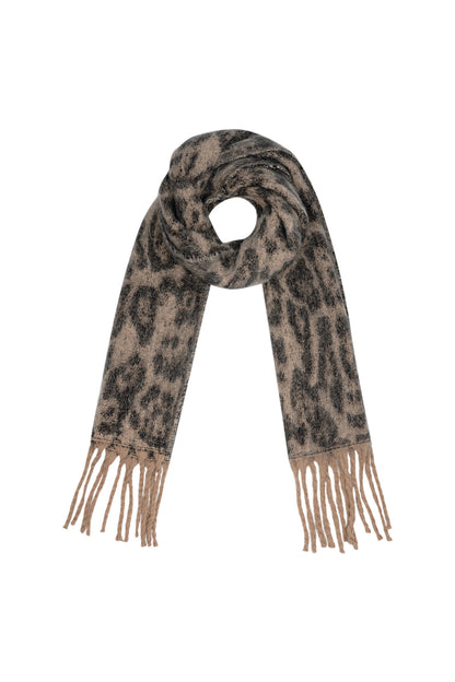 Brown and black leopard print scarf with fringe detail laid flat in a loop