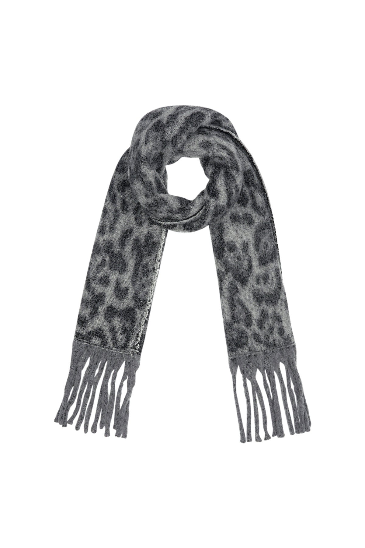 Gray leopard print scarf with fringe detail laid flat in a loop