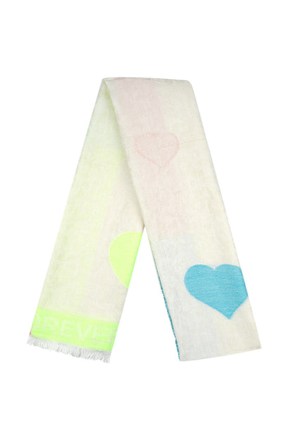 Folded cream viscose scarf showing neon green and pink 'WILD FOREVER' text with heart patterns