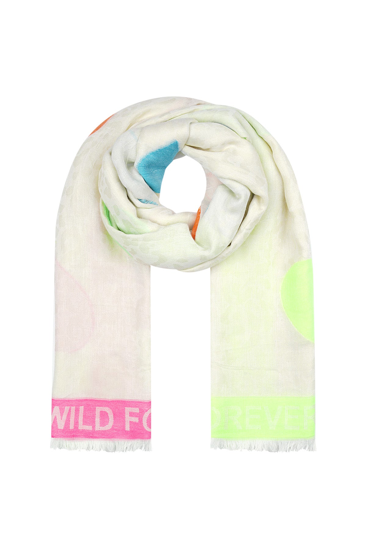 Rolled cream viscose scarf with colorful heart patterns and 'WILD FOREVER' text in pink and green on edges