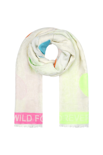 Rolled cream viscose scarf with colorful heart patterns and 'WILD FOREVER' text in pink and green on edges