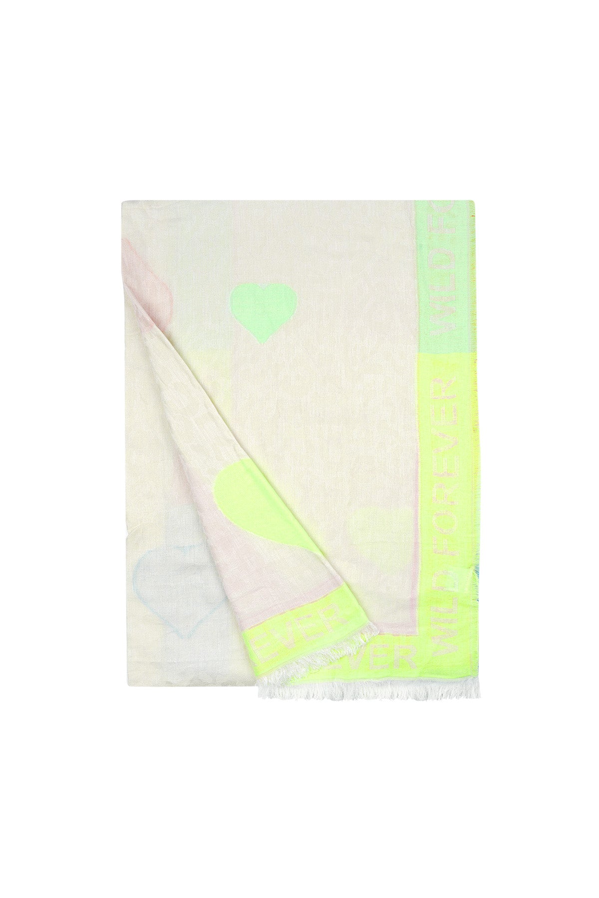 Close-up rolled pink viscose scarf with hearts and 'WILD FOREVER' branding in neon green and pink