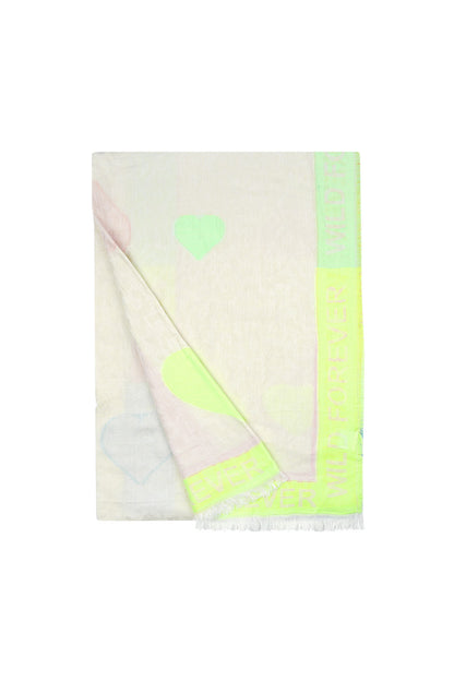 Close-up rolled pink viscose scarf with hearts and 'WILD FOREVER' branding in neon green and pink