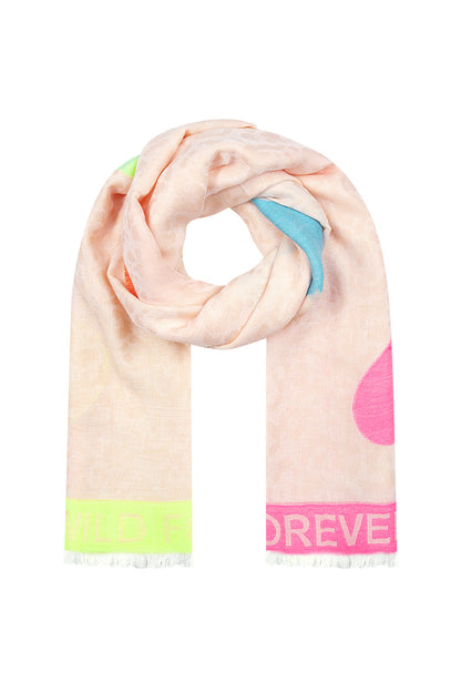 Rolled cream viscose scarf with orange and blue heart details and neon edge branding