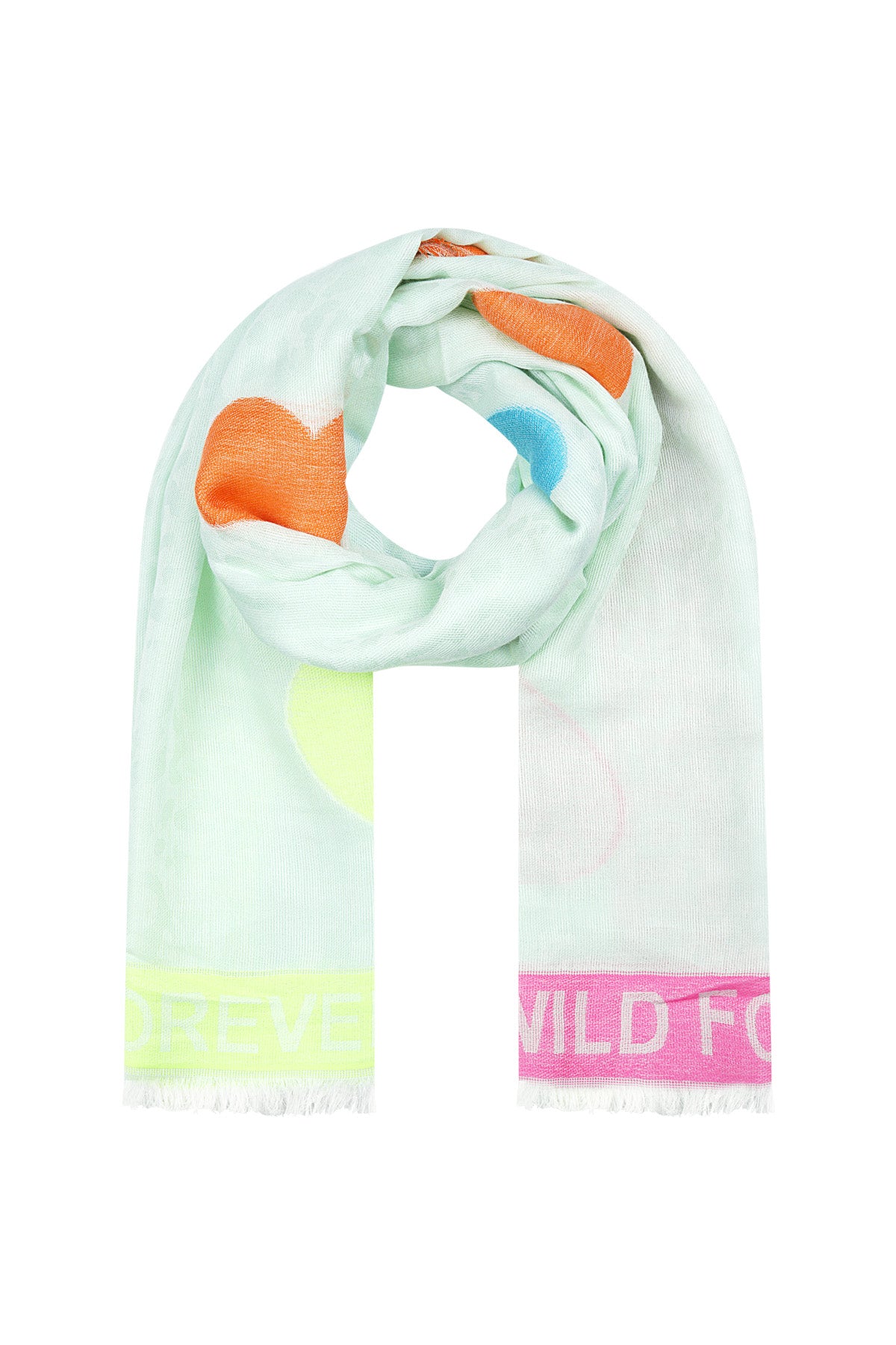 Soft cream viscose scarf spread out flat showing colorful heart pattern and 'WILD FOREVER' neon pink and green text border