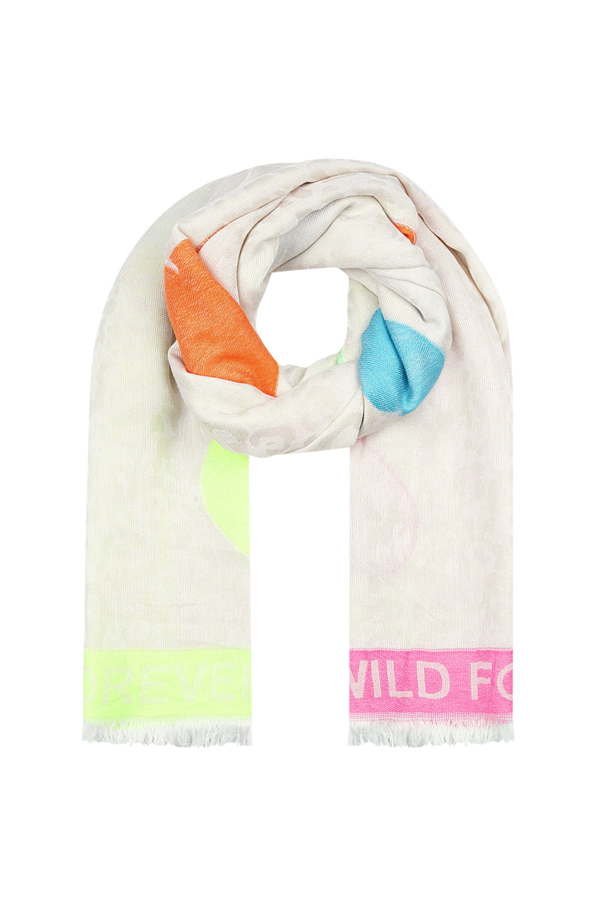 Rolled light green viscose scarf with colorful heart designs and neon 'WILD FOREVER' text