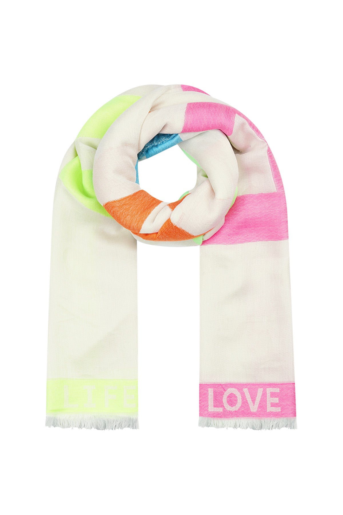 Pastel color block scarf laid flat showing LIFE LOVE text in green and pink borders with frayed edges on white background
