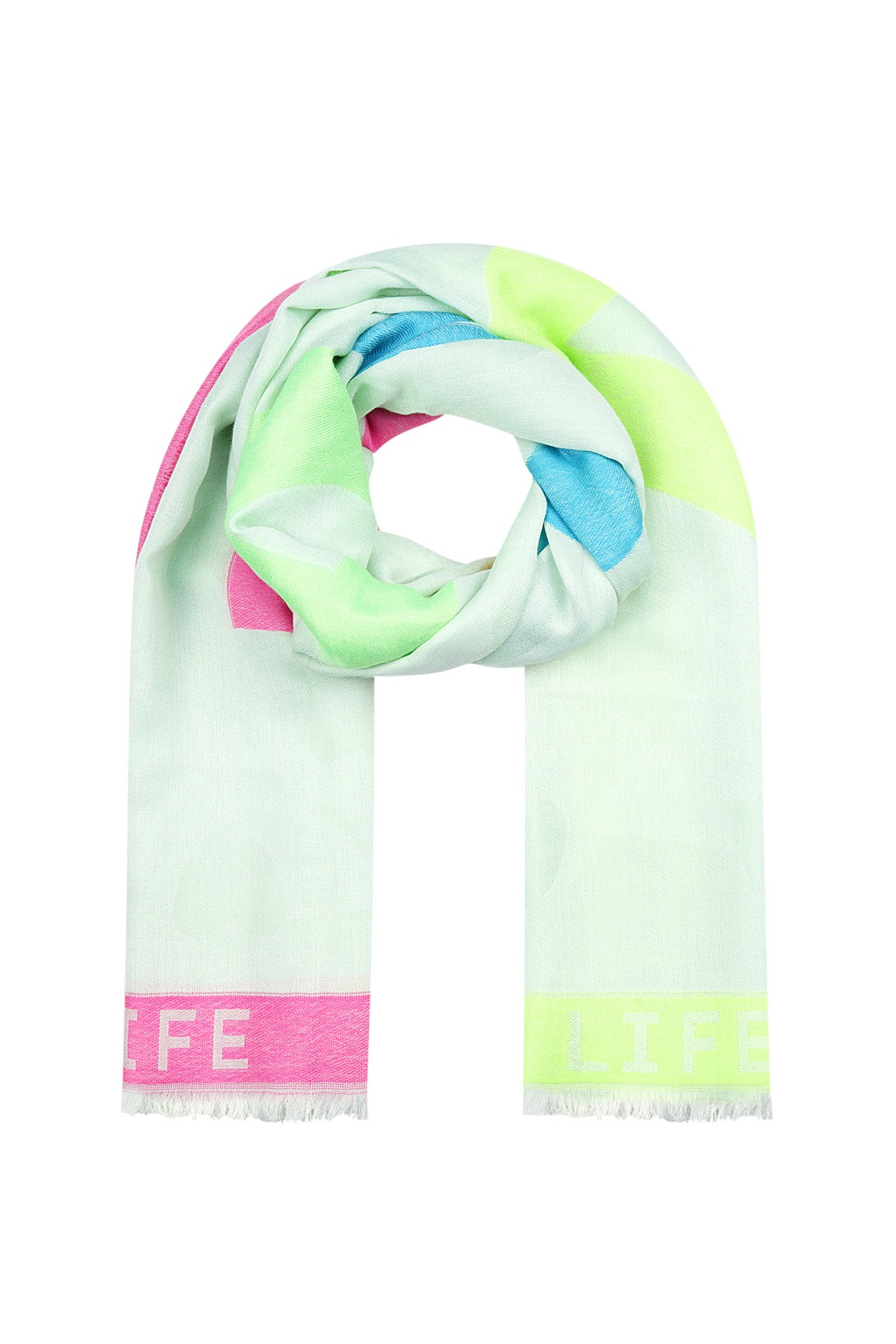 Rolled pastel multicolor Viscose scarf with LIFE LOVE text detail in pink and green border on white background