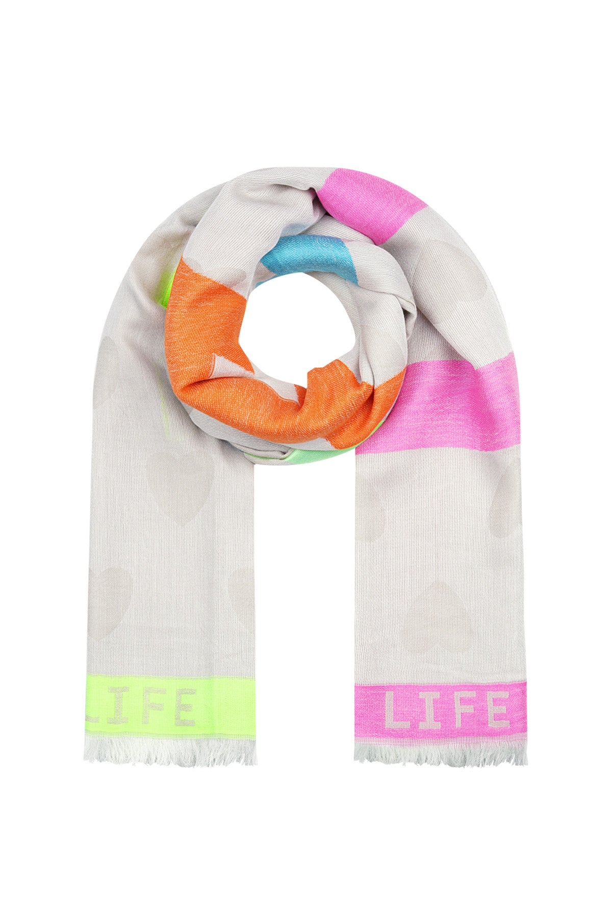 Rolled close up of scarf in beige pastel base with vibrant pink, orange, blue accents and neon green LIFE LOVE text