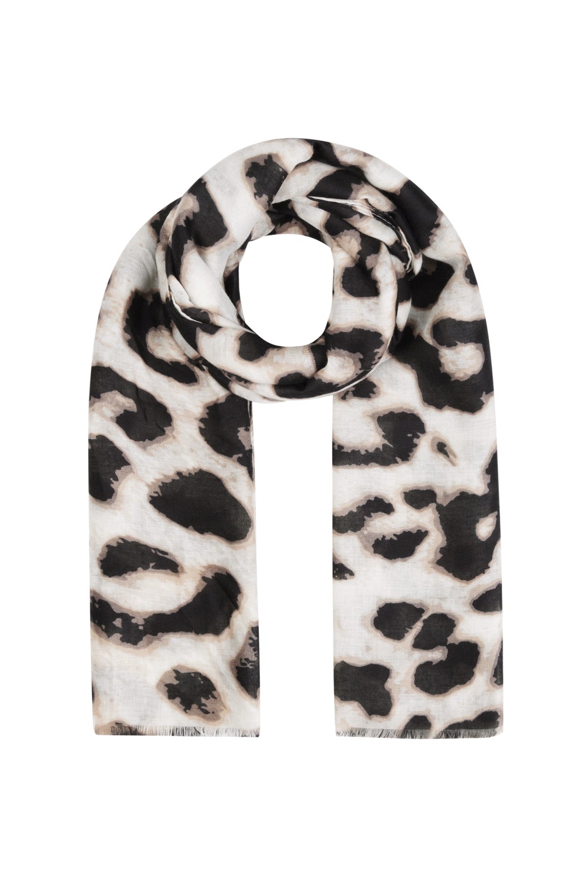 Leopard print scarf in black and white rolled and laid flat on white background