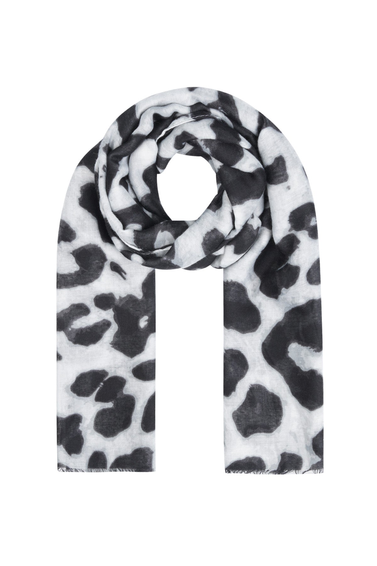 Black and white leopard print scarf laid flat with spool rolled in center