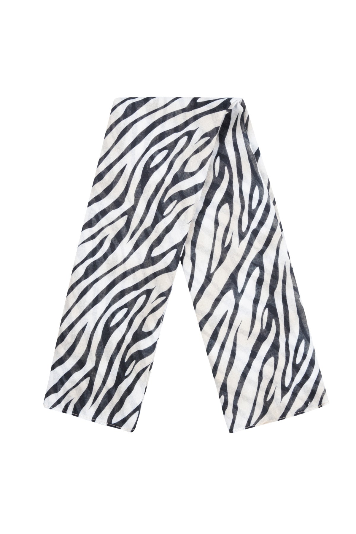 Zebra print scarf laid flat showing the entire striped pattern on white background