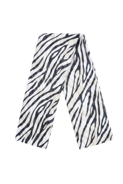 Zebra print scarf laid flat showing the entire striped pattern on white background