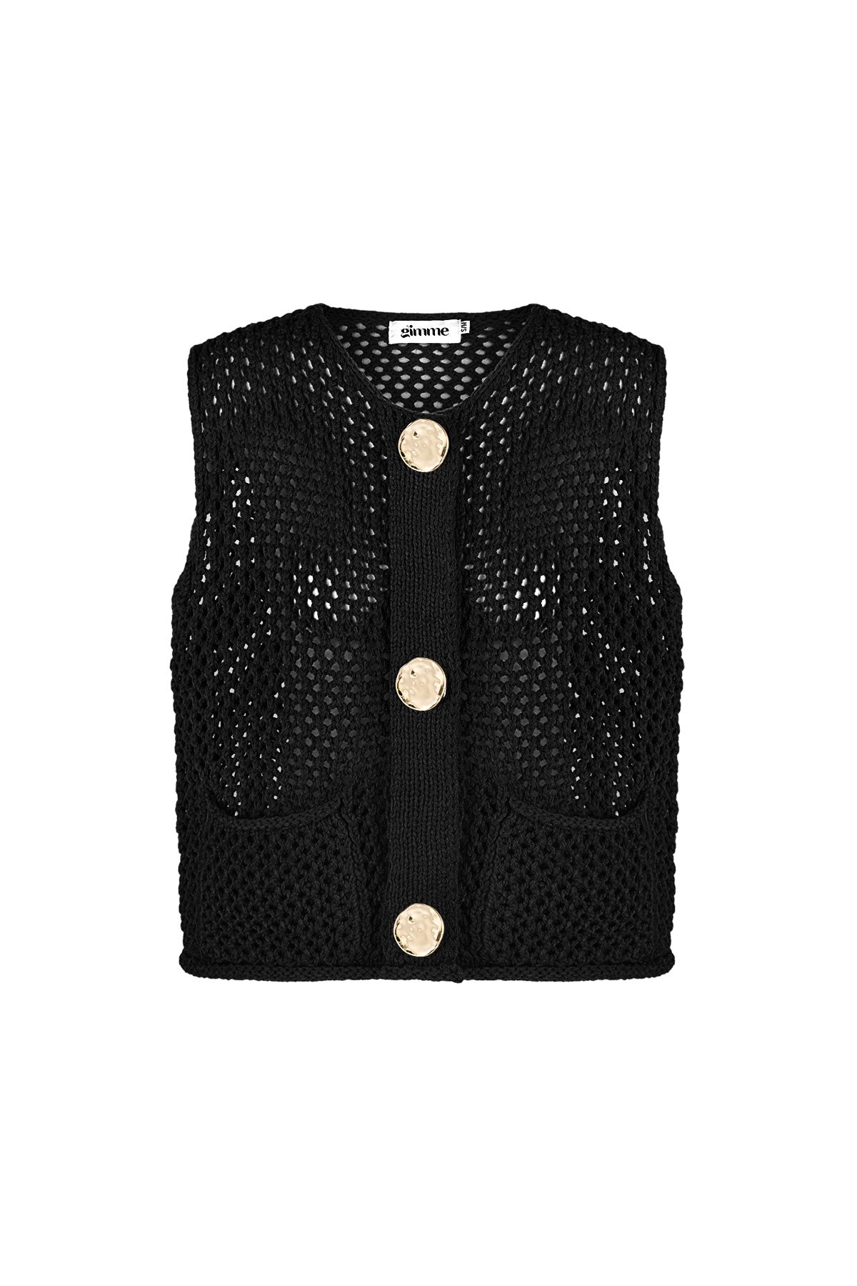 Light beige chunky knit vest with hammered button detail displayed flat front view