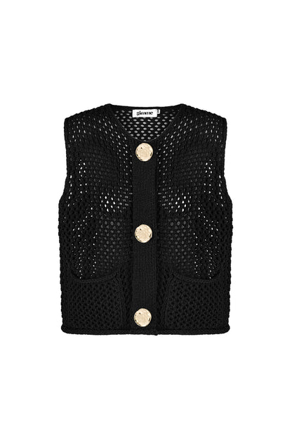 Light beige chunky knit vest with hammered button detail displayed flat front view