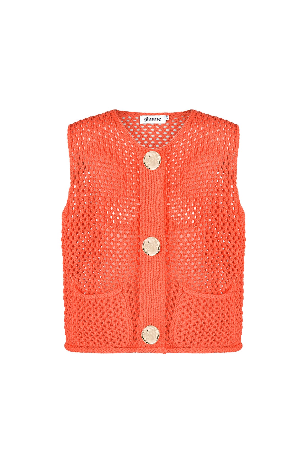 Black open knit vest with large hammered gold buttons displayed flat