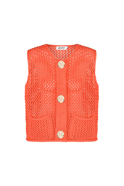 Black open knit vest with large hammered gold buttons displayed flat