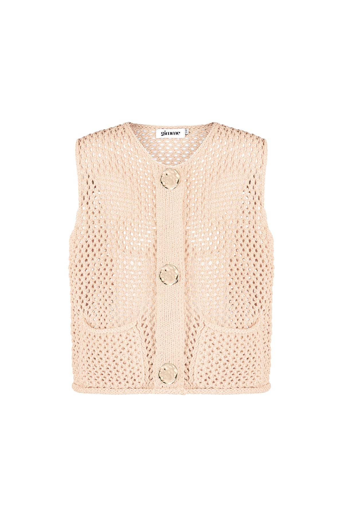 Green openwork knit vest with large gold buttons displayed flat on white background