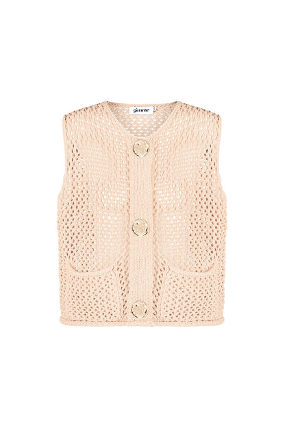 Green openwork knit vest with large gold buttons displayed flat on white background