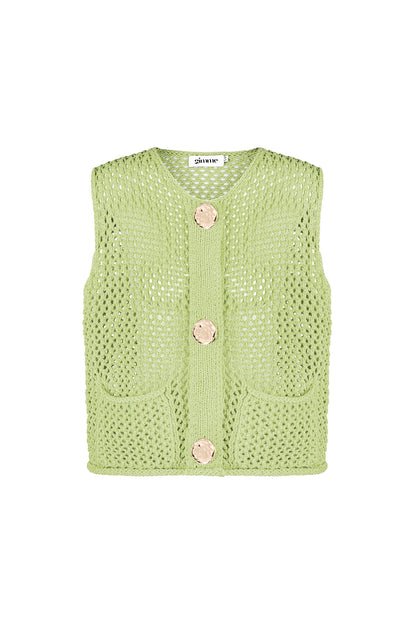 Bright orange chunky knit vest with front pockets and button closure displayed flat